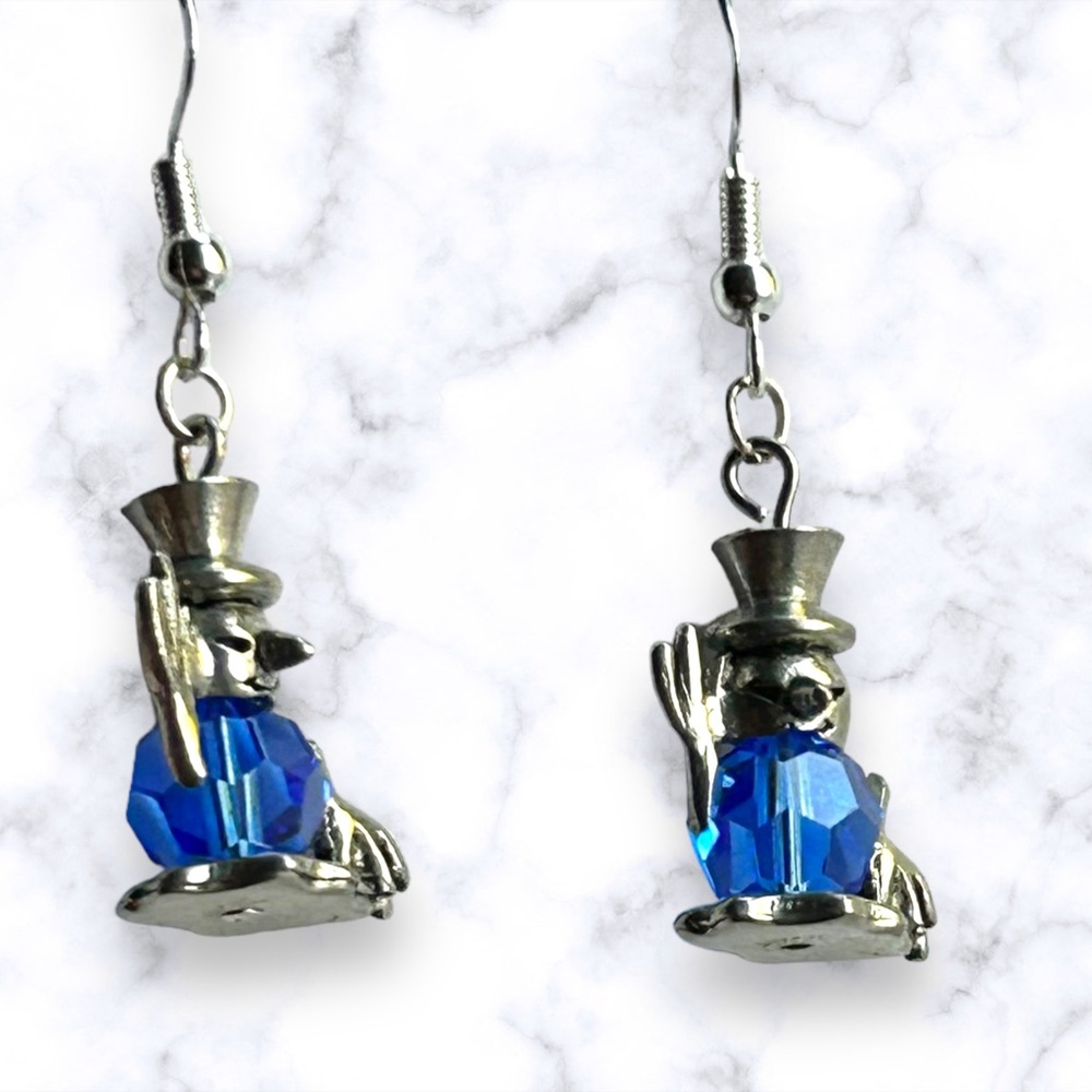 Handmade Earrings Snowman Swarovski Blue Crystal Dangle Pierced Gift - Picture 8 of 10